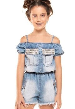 Macaquinho Curto Infantil Jeans Kukixo