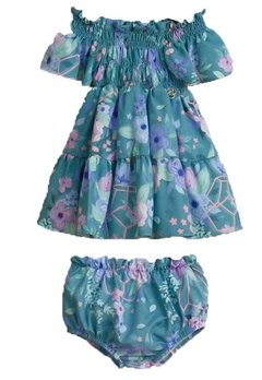 Vestido Com Calcinha Infantil Azul Flores Mon Sucre