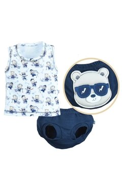 Conjunto Regata Shorts Estampado Urso Azul Marinho Upi Uli