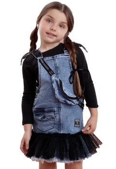 Salopete Infantil Preto Jeans Petit Cherrie