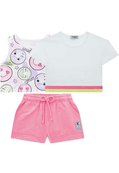 Conjunto 3 peças Cropped Malha Short Rosa Kukiê