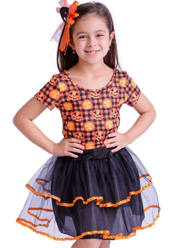 Fantasia Halloween Infantil Menina Abóbora Camisa Saia Bolsa