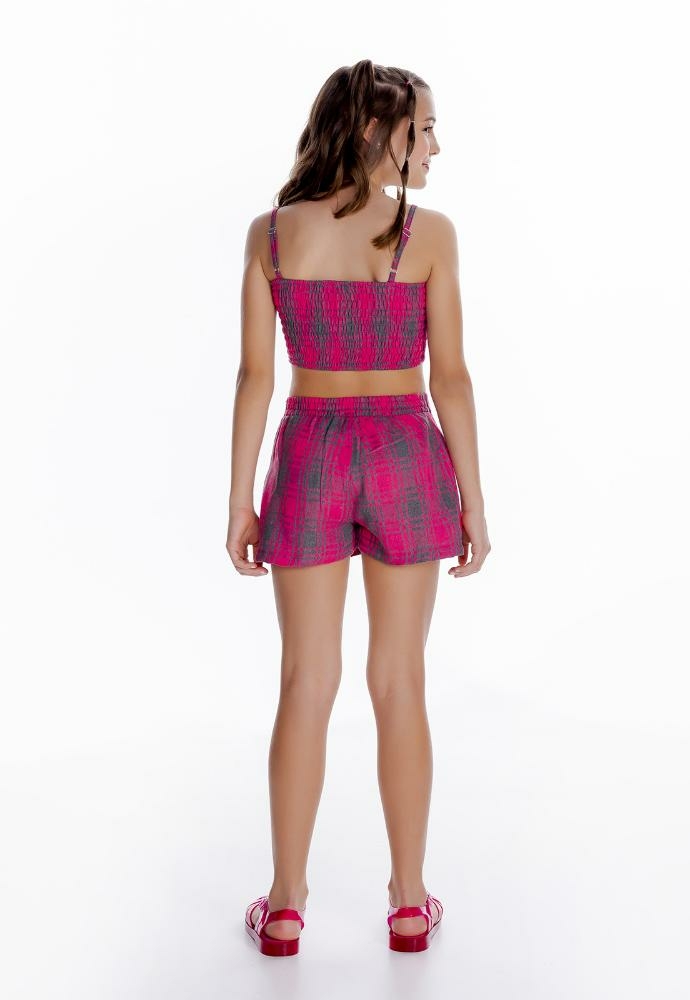 Conjunto de short saia e blusa xadrez rosa