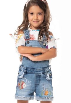 Conjunto Jardineira Blusa Infantil Jeans Kukixo