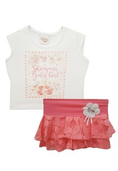 Conjunto Blusa Shorts Saia Estampado Rosa Carol e Dani