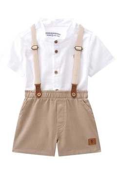 Conjunto Bata Linho Suspensório Branco Onda Marinha