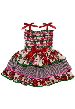 Vestido Caipira Estampado Rosas Vermelho Douvelin