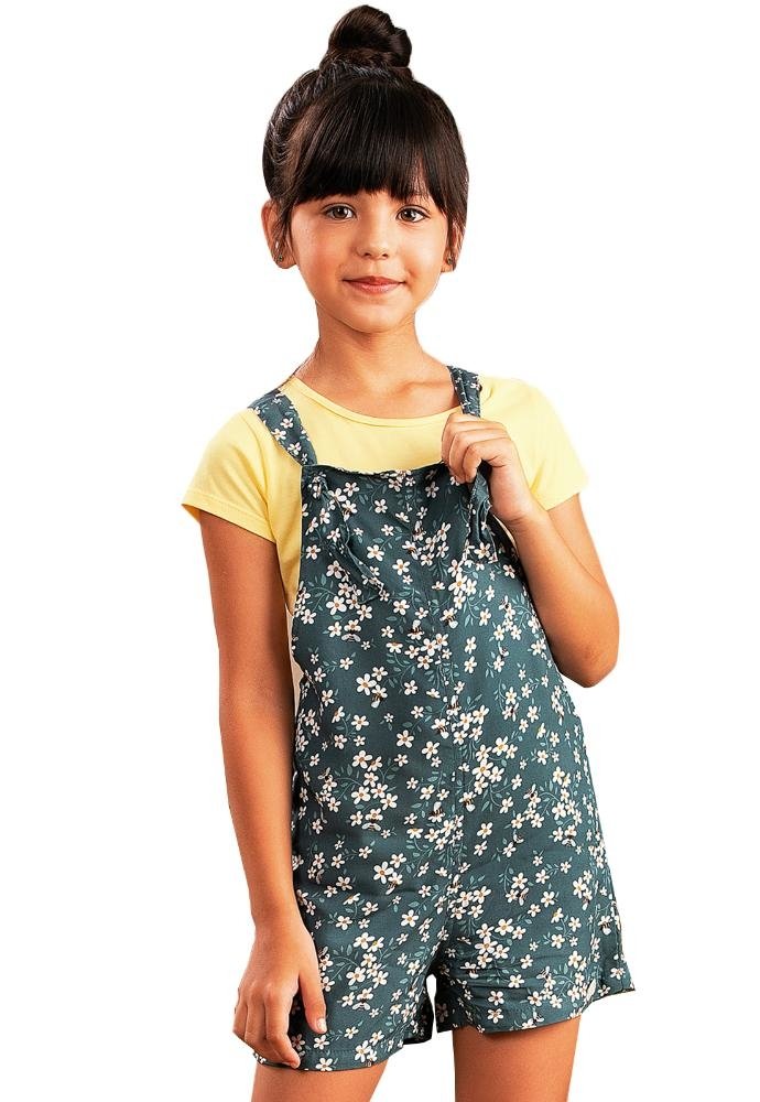 Conjunto Infantil menina blusa e Jardineira estampada em viscose