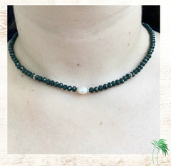 Choker cristais e pérola de água doce - Verde escuro