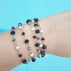 Colar longo e Pulseira Pérolas de água doce e cristais - Preto