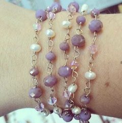 Colar longo e Pulseira Pérolas de água doce e cristais - Lilas