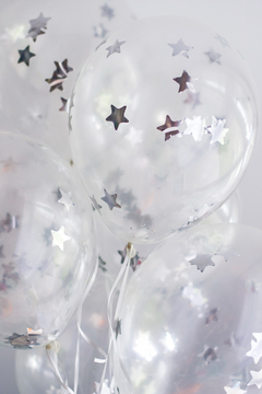 Globo cristal confetti estrellas plateadas x6 unidades (calidad premium)