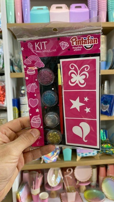 Kit para maquillaje infantil x4 con glitter, pincel y stencil (651-01)