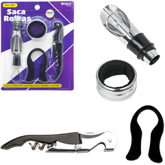 KIT PARA VINHO COM SACA ROLHA + CORTADOR LACRES E ACESSORIOS 5 PECAS NA CARTELA SR-2 WESTERN