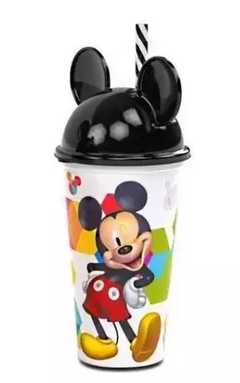 COPO DE PLÁSTICO MICKEY 500ML COM CANUDO E TAMPA EM FORMATO DE ORELHA PLASUTIL 6823