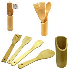 KIT COM COLHER / GARFO / ESPATULA DE PAO DURO + SUPORTE DE BAMBU FWB 1572 - comprar online