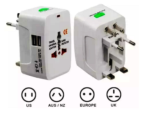 Adaptador enchufe viajes con 2 USB US AUS Europa UK