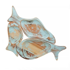 Petisqueira Peixes de Madeira Teca Noronha Azul - 3 peças