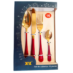 Faqueiro Inox Dourado com Vermelho - 16pçs