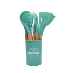 Conjunto de Utensílios em Silicone e Cabo de Madeira - 12 Peças - Design Gallery Santos 