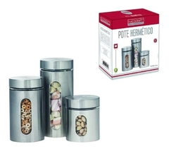 Conjunto 3 Potes em Vidro Revestidos com Inox na internet