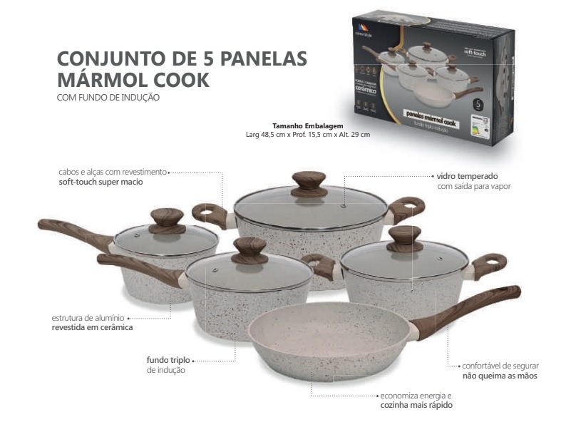 Conjunto de Panelas 19 Pçs Indução Revestimento em Granito