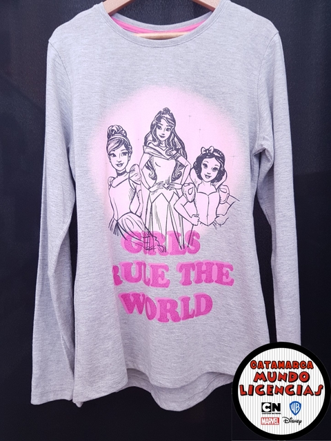 Remera NIña M/largas Disney Princesas - Girls Rule The World - Gris