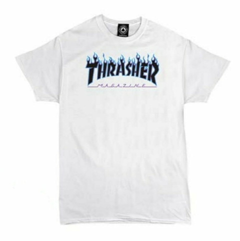 Remera Thrasher Blue Flame Blanca