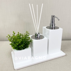 Kit lavabo 3 peças + bandeja 14x28 em resina Branco com cromado