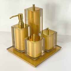 kit de banheiro 4 peças + bandeja 24x24 em resina cristal dourado com dourado