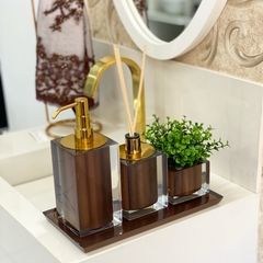 kit lavabo 3 peças + bandeja 14x28 em resina cristal marrom escuro com dourado - comprar online