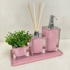 kit de banheiro 3 peças + bandeja 14x28 em resina cristal rosa chá com cromado
