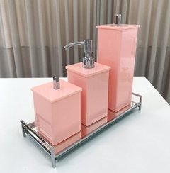 Kit 3 peças Acrílico rosa chá (Saboneteira, porta escova de dentes e porta cotonete/algodão)