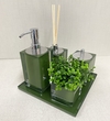 Kit de banheiro 4 peças + bandeja 24x24 em resina Cristal Verde Musgo com cromado