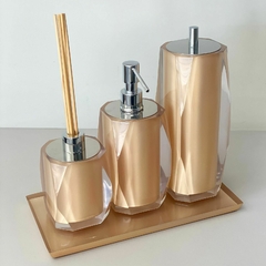 kit de banheiro 3 peças + bandeja 14x28 em resina Valência cristal Champagne com cromado.