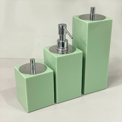 Kit de banheiro 3 peças em resina Verde Celadon com cromado