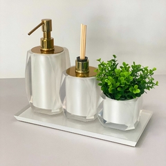 kit lavabo 3 peças + bandeja 14x28 em resina Valência cristal pérola com dourado - comprar online