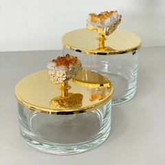 Conjunto de caixas de vidro com tampa banhada em ouro 24k e puxador em pedra citrino - comprar online
