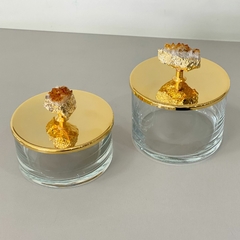 Conjunto de caixas de vidro com tampa banhada em ouro 24k e puxador em pedra citrino na internet
