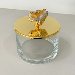 Caixa de vidro G com tampa banhada em ouro 24k e puxador em pedra citrino - comprar online