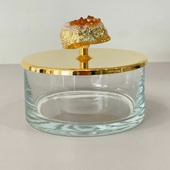 Caixa de vidro P com tampa banhada em ouro 24k e puxador em pedra citrino