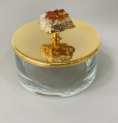 Caixa de vidro P com tampa banhada em ouro 24k e puxador em pedra citrino - comprar online