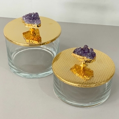 Conjunto de caixas de vidro com tampa banhada em ouro 24k e puxador em pedra ametista - comprar online