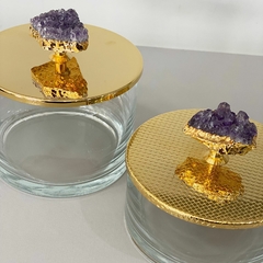 Conjunto de caixas de vidro com tampa banhada em ouro 24k e puxador em pedra ametista na internet