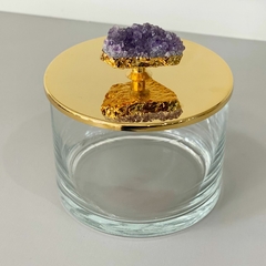 Caixa de vidro G com tampa banhada em ouro 24k e puxador em pedra ametista - comprar online