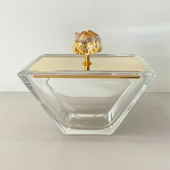 Caixa de vidro com tampa banhada em ouro 24k e puxador em pedra citrino