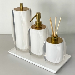 kit de banheiro 3 peças em resina Valência cristal branco com dourado + bandeja