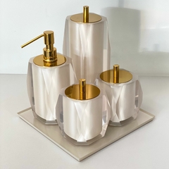 kit de banheiro 4 peças em resina valência + bandeja cristal Marfim com Dourado