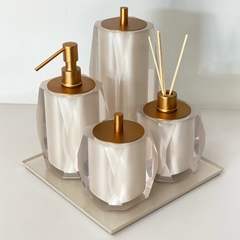 kit de banheiro 4 peças em resina valência + bandeja cristal Marfim com Gold matte