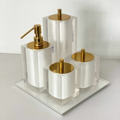 kit de banheiro 4 peças + bandeja 24x24 em resina cristal pérola com dourado